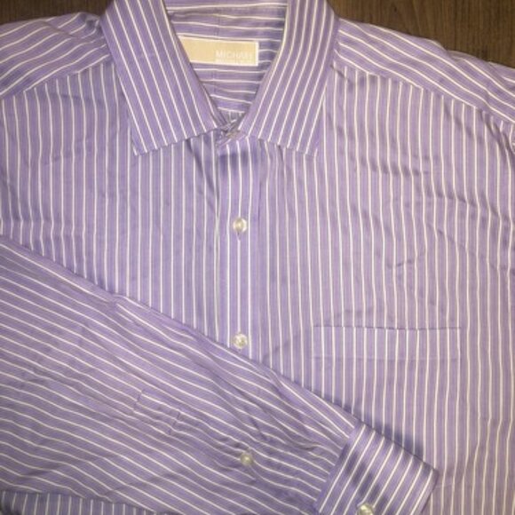 Michael Kors Men’s Dress Shirt Medium Button Up Purple White Stripes Long Sleeve - Picture 1 of 11